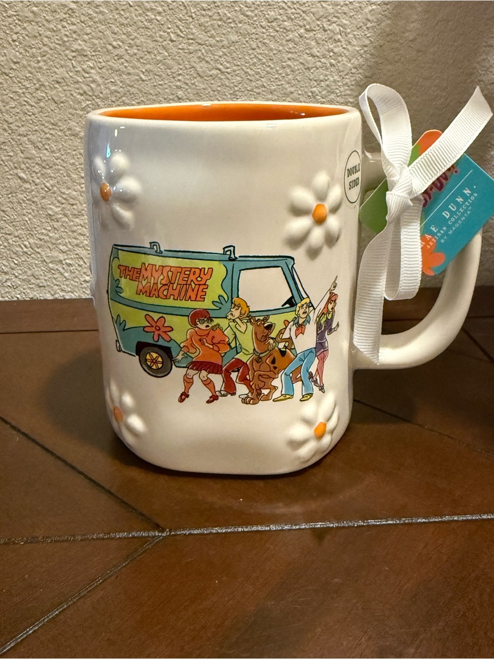 Rae Dunn x Scooby-Doo White Mug w/ orange Int & Daisy Pattern- MYSTERY TEAM- NWT